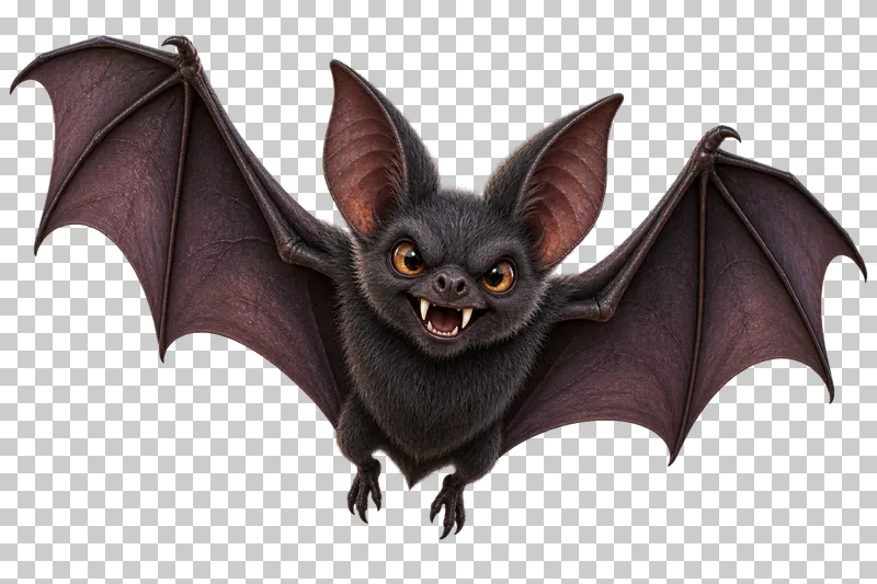 A charcoal bat with spread plum wings, pointed ears, amber eyes and small ivory fangs.