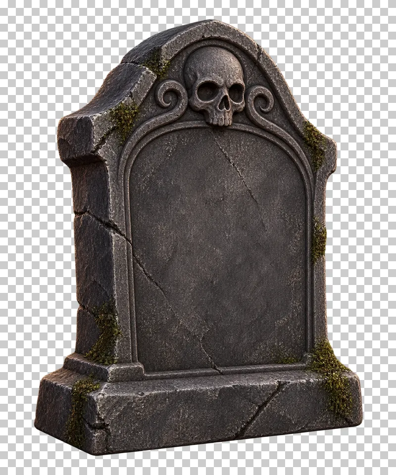 A weathered gray gravestone with a carved skull, cracked blank face and moss along its stone base.