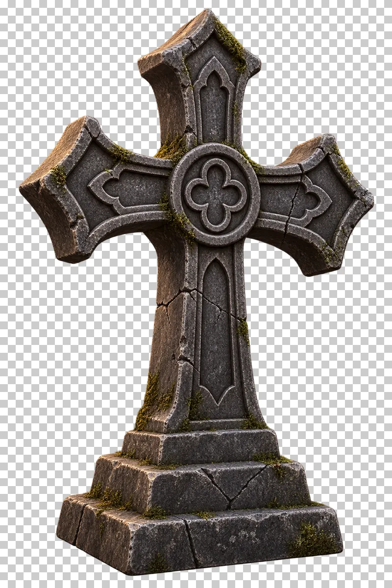 A chipped Gothic stone cross with beveled arms, carved ornament and a mossy stepped base.