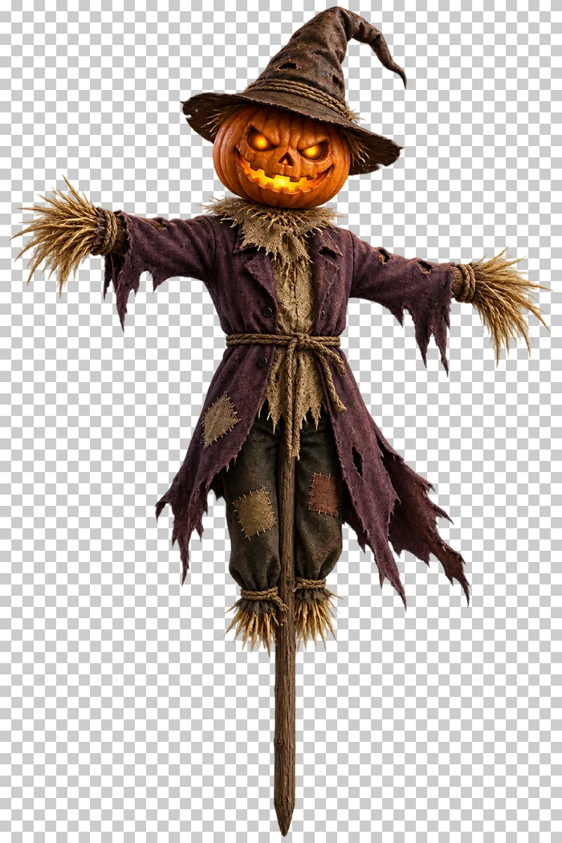 A pumpkin-headed scarecrow in a crooked brown hat and ragged purple coat, with straw hands and a wooden support pole.