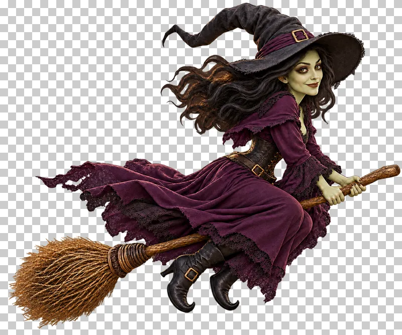 A witch in a dark pointed hat and flowing purple dress, seated on a broom with two bent legs and buckled boots.