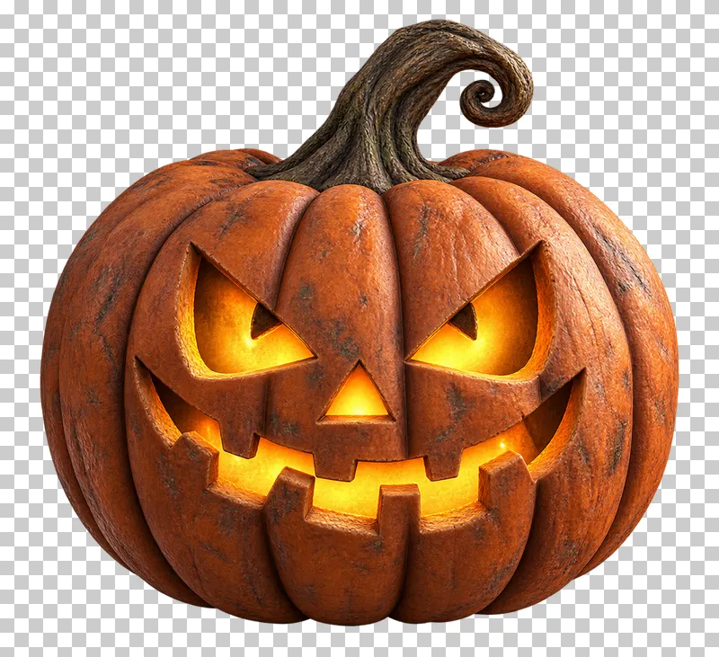 An orange jack-o-lantern with glowing triangular eyes, a jagged grin and a curled woody stem.