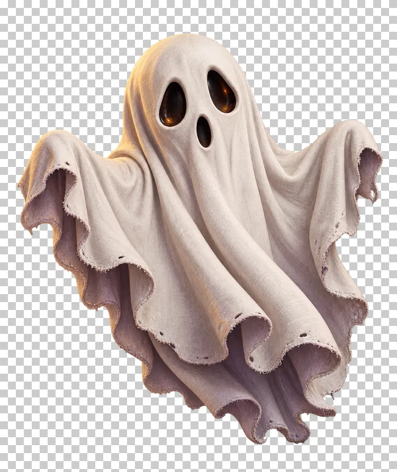 An ivory sheet ghost with dark oval eyes, an open mouth, outstretched arms and a flowing ragged hem.
