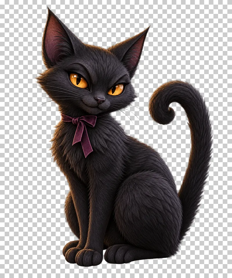 A seated charcoal cat with amber eyes, a curled upright tail and a purple ribbon at its neck.