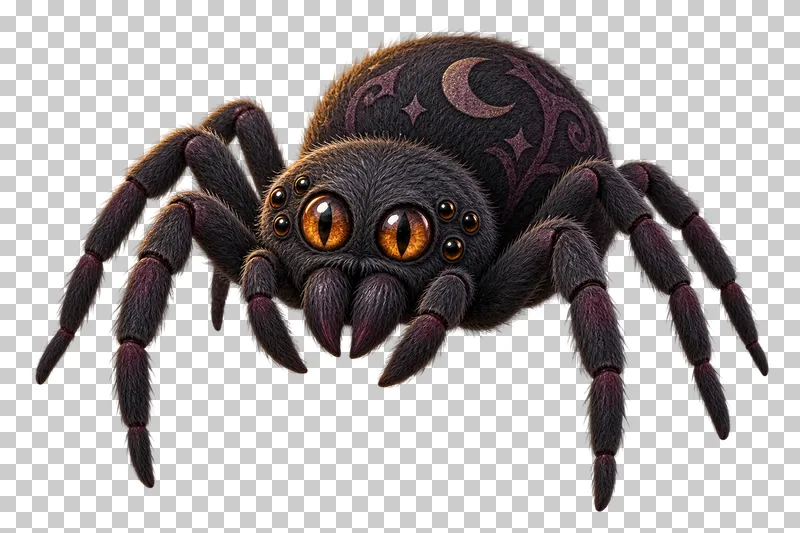 A fuzzy dark spider with amber eyes, curved legs and a purple crescent pattern on its rounded body.