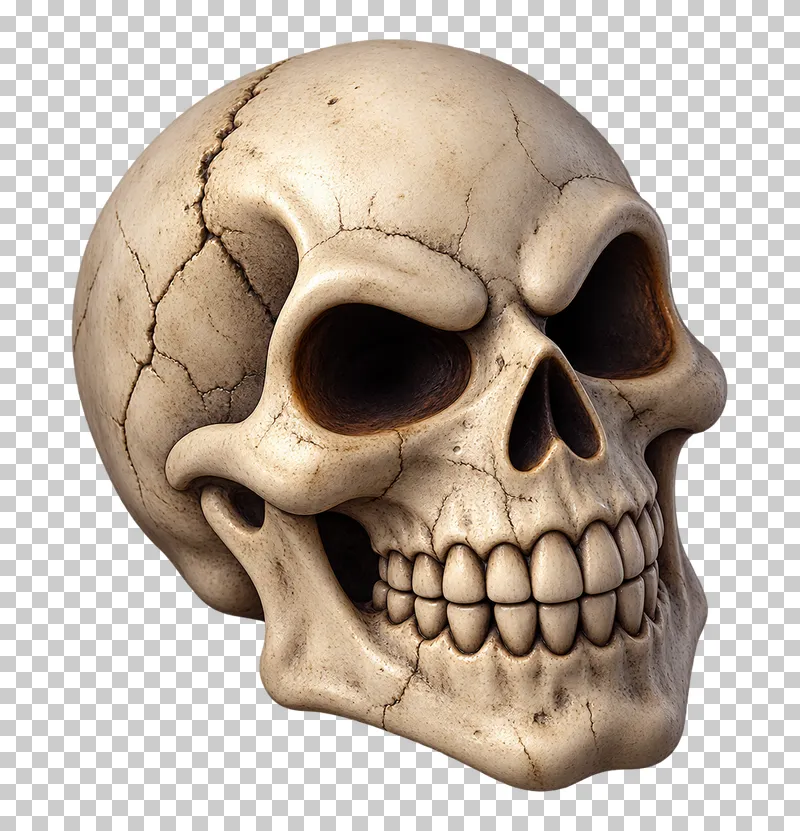 An aged ivory skull seen at an angle, with dark eye sockets, fine cracks and a complete toothy jaw.