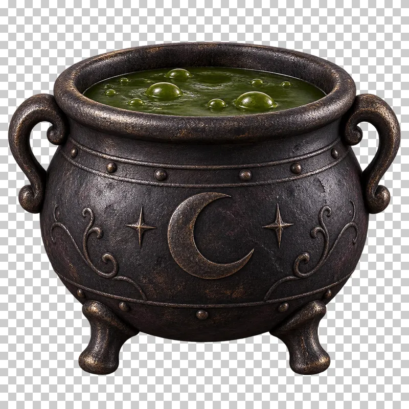 A dark metal cauldron with curled handles and a crescent ornament, filled with bubbling green potion.