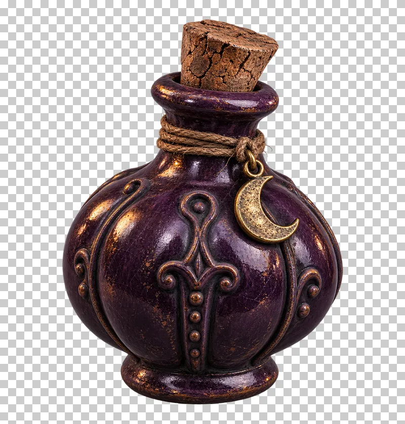 A round purple ceramic potion bottle with a cork stopper, twine around its neck and a brass crescent charm.