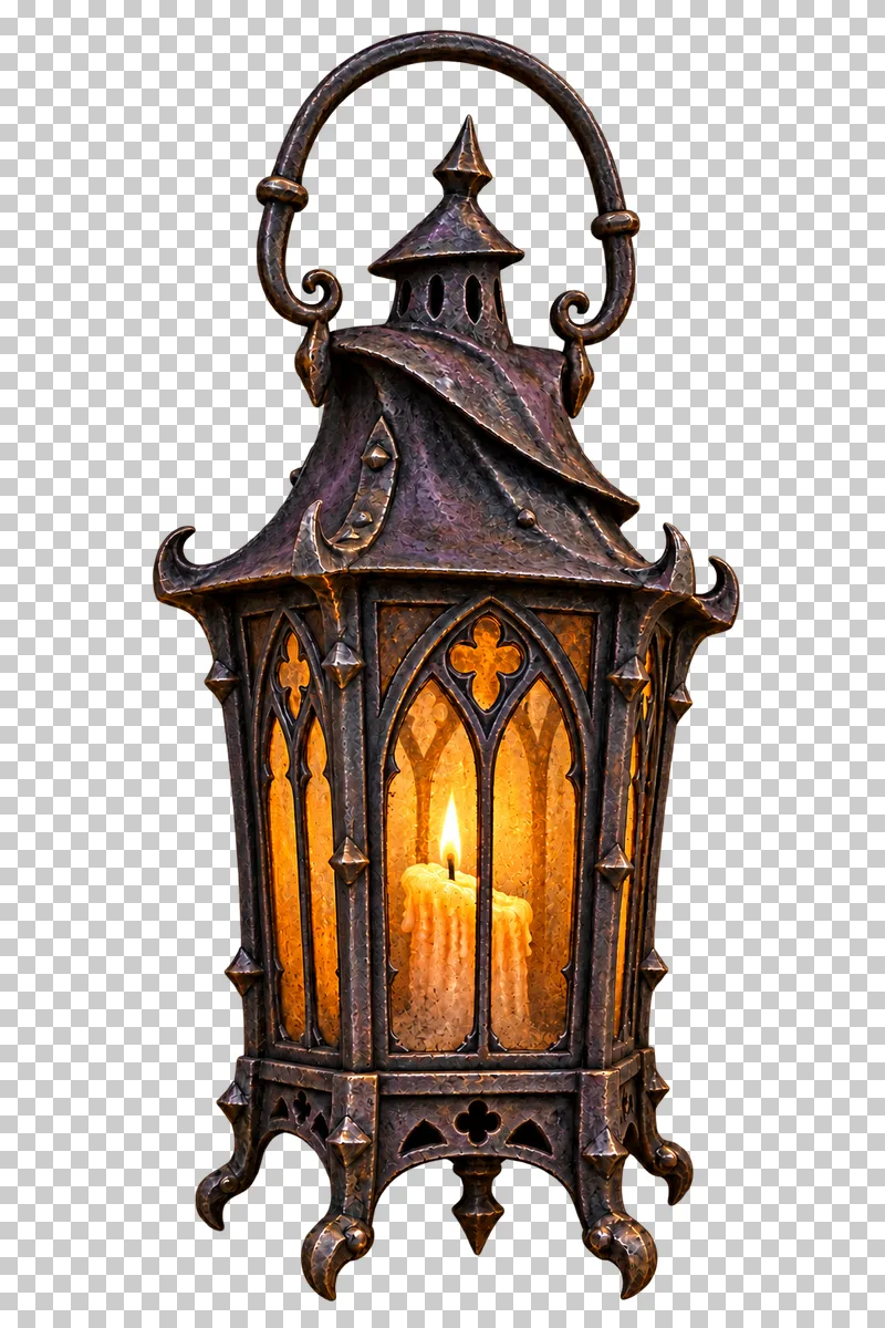 A weathered Gothic lantern with a curved handle and one candle burning with a single flame behind amber panes.