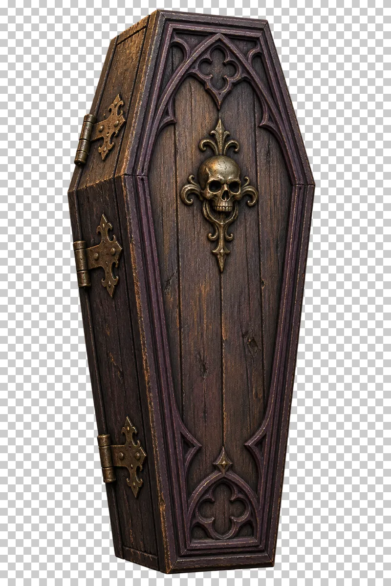 A closed wooden coffin with dark Gothic trim, bronze hinges and a skull ornament on the lid.
