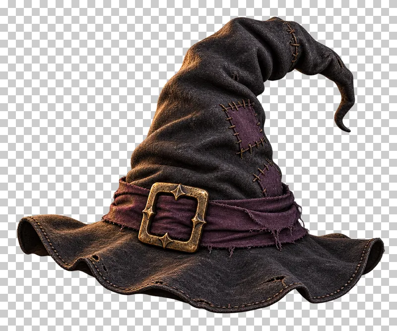 A crooked charcoal witch hat with a wavy brim, purple band, brass buckle and stitched patches.