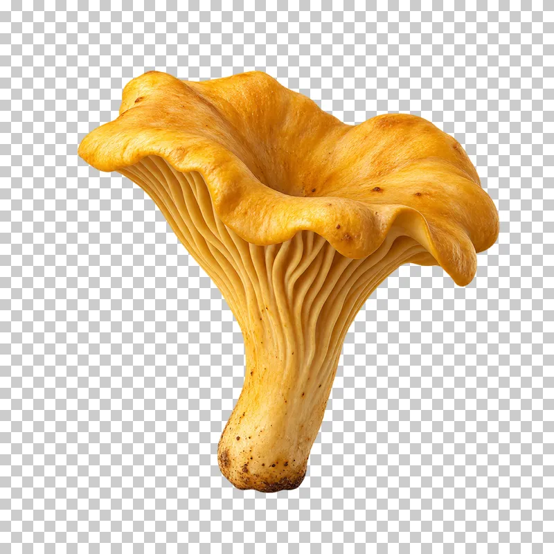A golden chanterelle mushroom with a wavy funnel-shaped cap and ridges running down its stem.