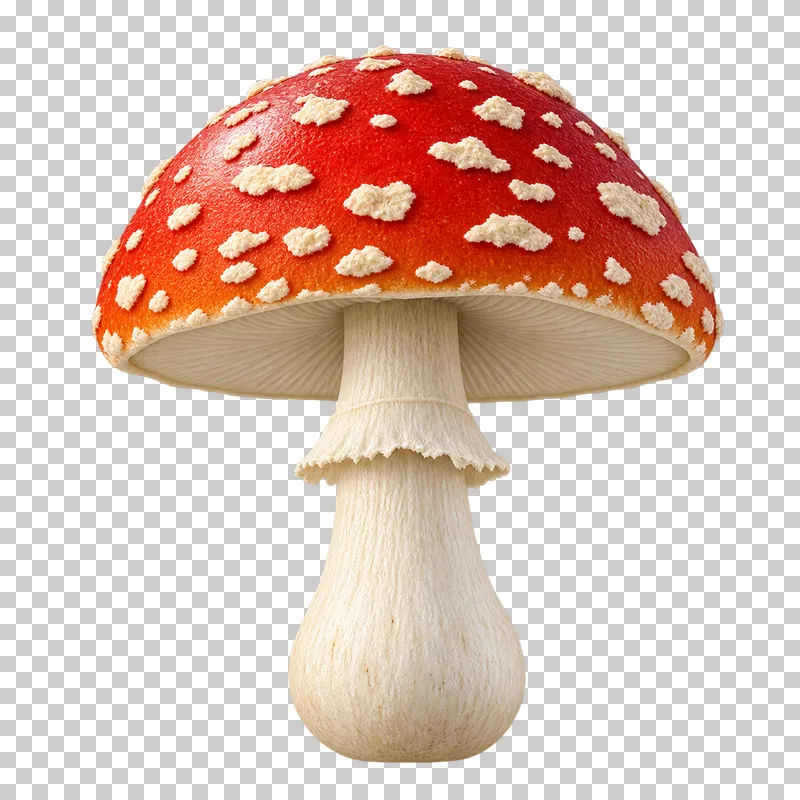A red fly agaric mushroom with cream cap patches, a pale ring and a rounded stem base.