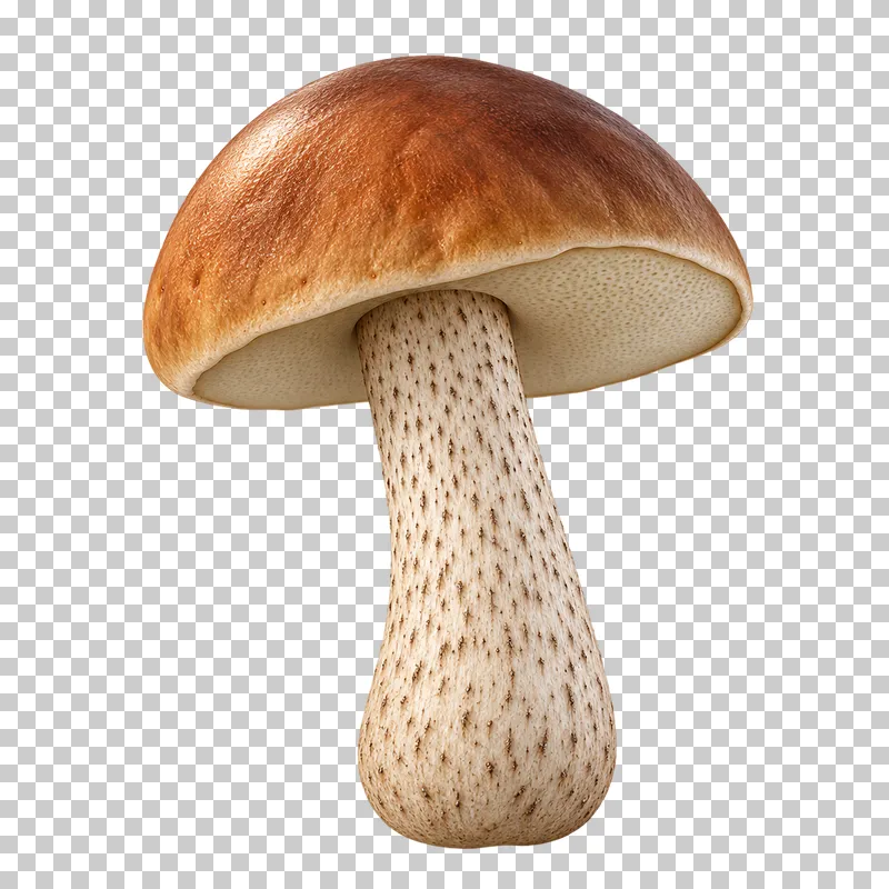 A brown birch bolete with a porous cream underside and a tall pale stem dotted with dark flecks.