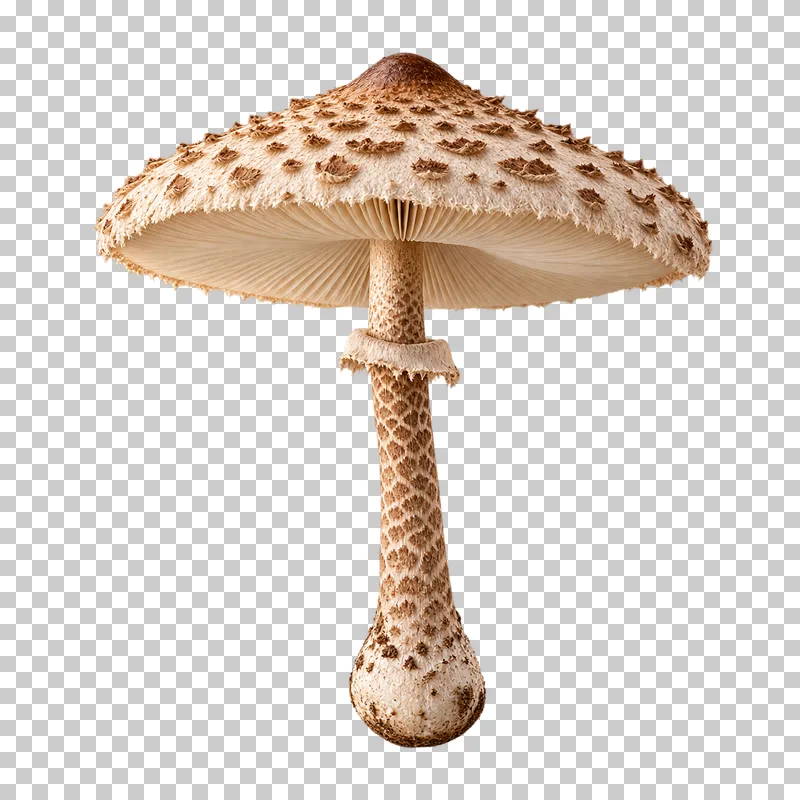 A parasol mushroom with a broad scaly cream cap, an attached ring and a slender patterned stem.