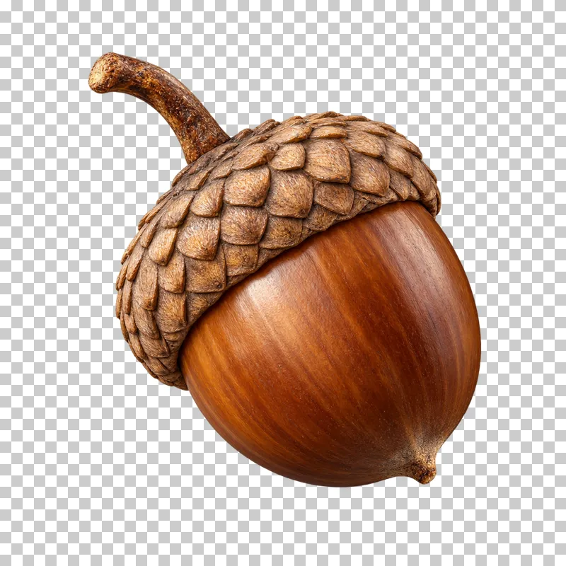 A brown acorn with a textured cap and a short curved woody stalk.