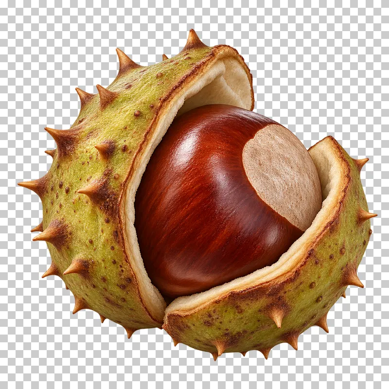 A glossy brown horse chestnut inside an open green-brown spiny husk.