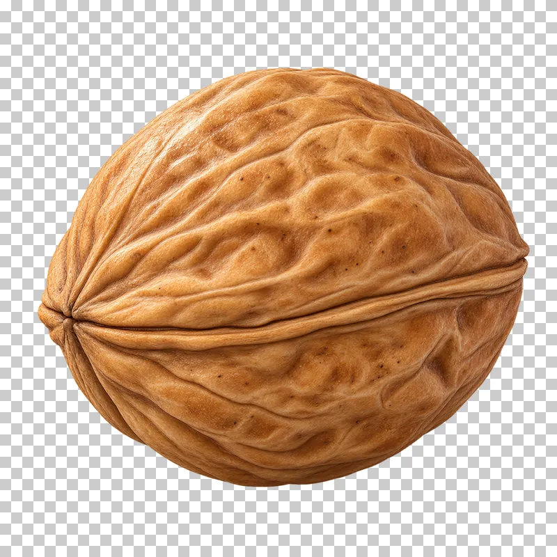 A whole walnut with a warm tan shell, winding grooves and a visible central seam.