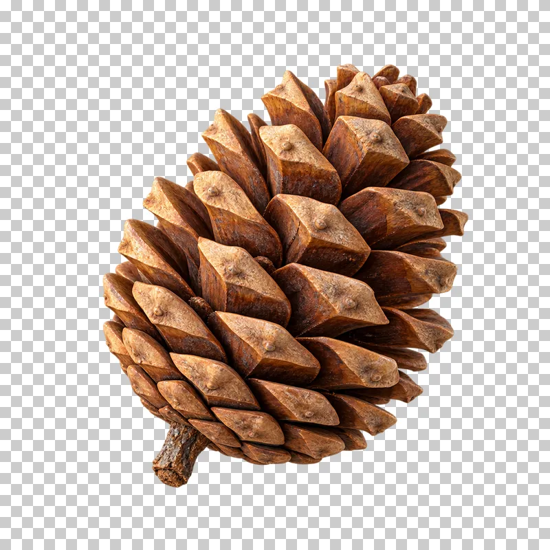 A compact brown pine cone with open woody scales, small raised centers and a short stem.