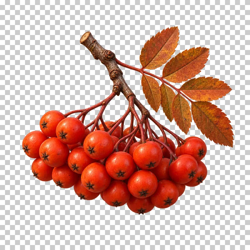 A rowan twig carrying red-orange berries and a small copper-colored compound leaf.