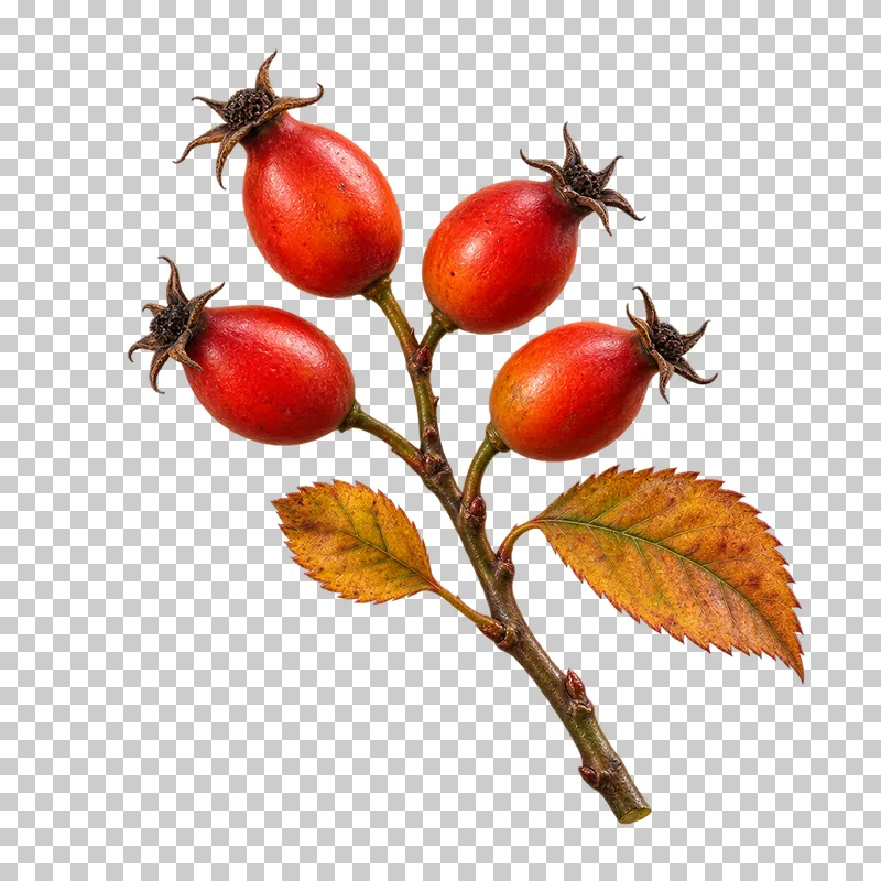 A wild rose twig with four red-orange rosehips, dried sepal crowns and two autumn leaves.