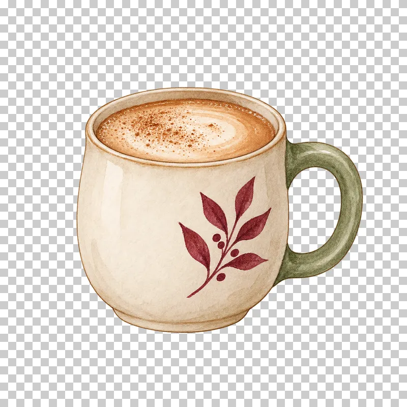 A cream chai latte mug with a sage handle, caramel foam and a burgundy leaf motif.
