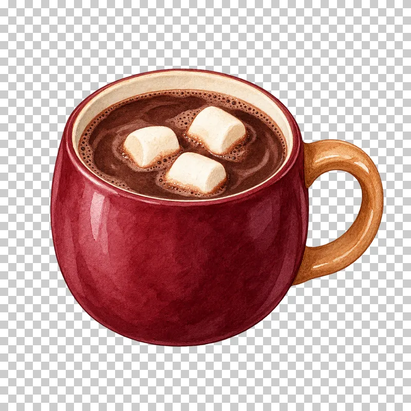 Three cream marshmallows float in hot chocolate inside a burgundy mug with a caramel handle.
