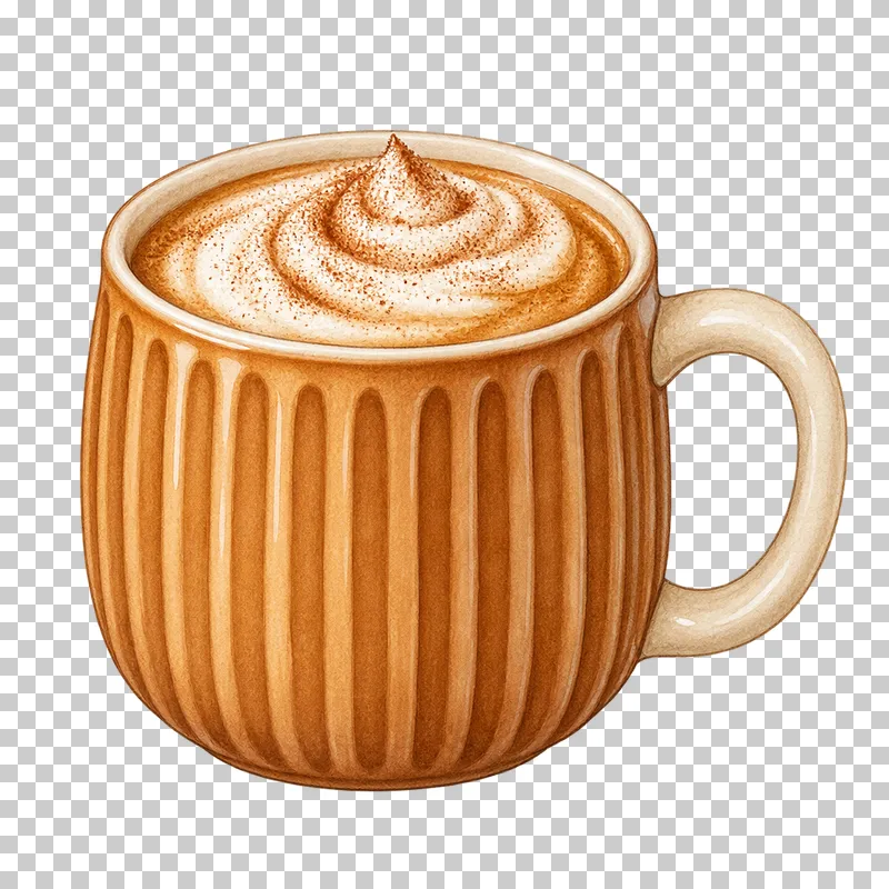 A ribbed caramel mug holds a pumpkin spice latte topped with cream foam and cinnamon.