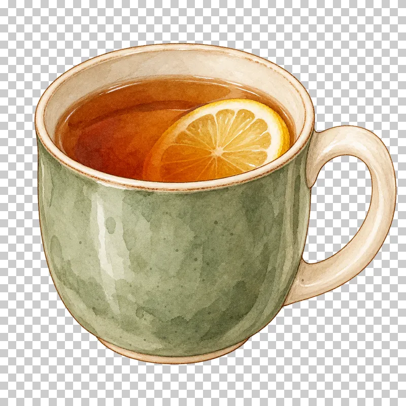 A lemon slice rests in amber tea inside a sage green mug with a cream handle.