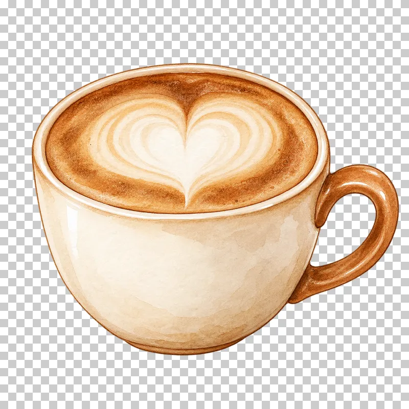 A wide cream cappuccino cup with a caramel handle and a heart-shaped milk foam pattern.