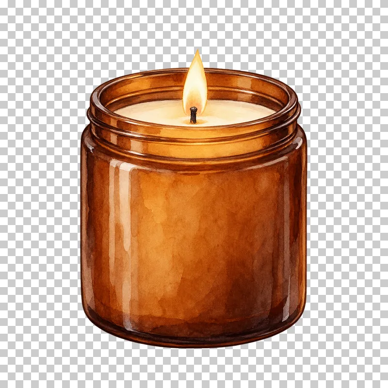 A lit candle in an amber glass jar, with cream wax visible beneath the open rim.