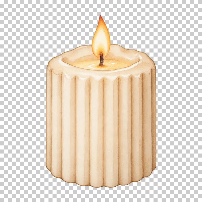 A cream pillar candle with vertical ribs, a softened wax rim and one small flame.