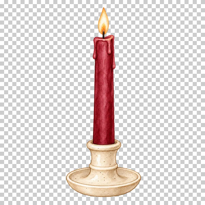 A tall burgundy taper with wax drips stands in a cream ceramic holder with a round base.
