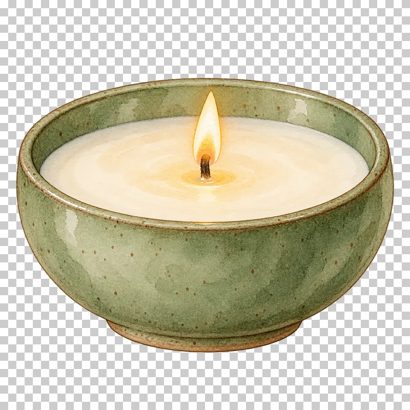 A shallow sage ceramic bowl filled with cream wax and one burning wick.
