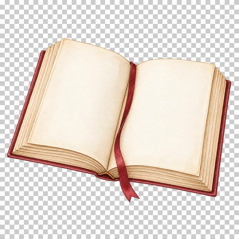 An open book with blank cream pages and a burgundy ribbon draped down the center.