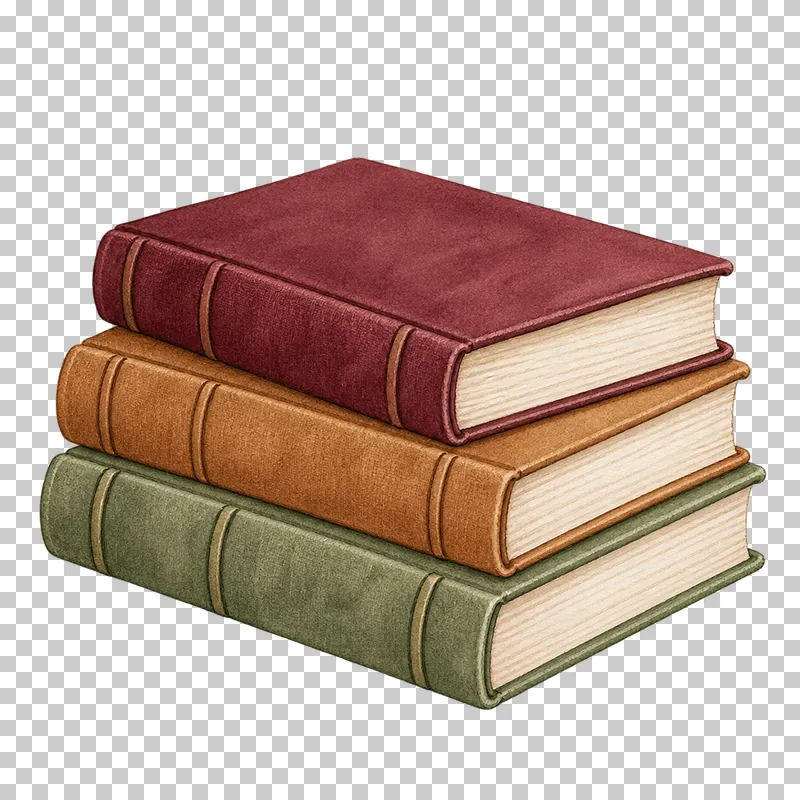 Three closed books stacked with burgundy, caramel and sage cloth covers and cream page edges.