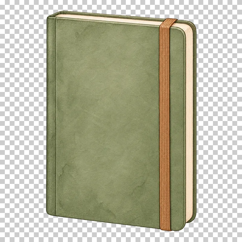 A sage notebook with rounded corners, cream pages and a caramel elastic closure.