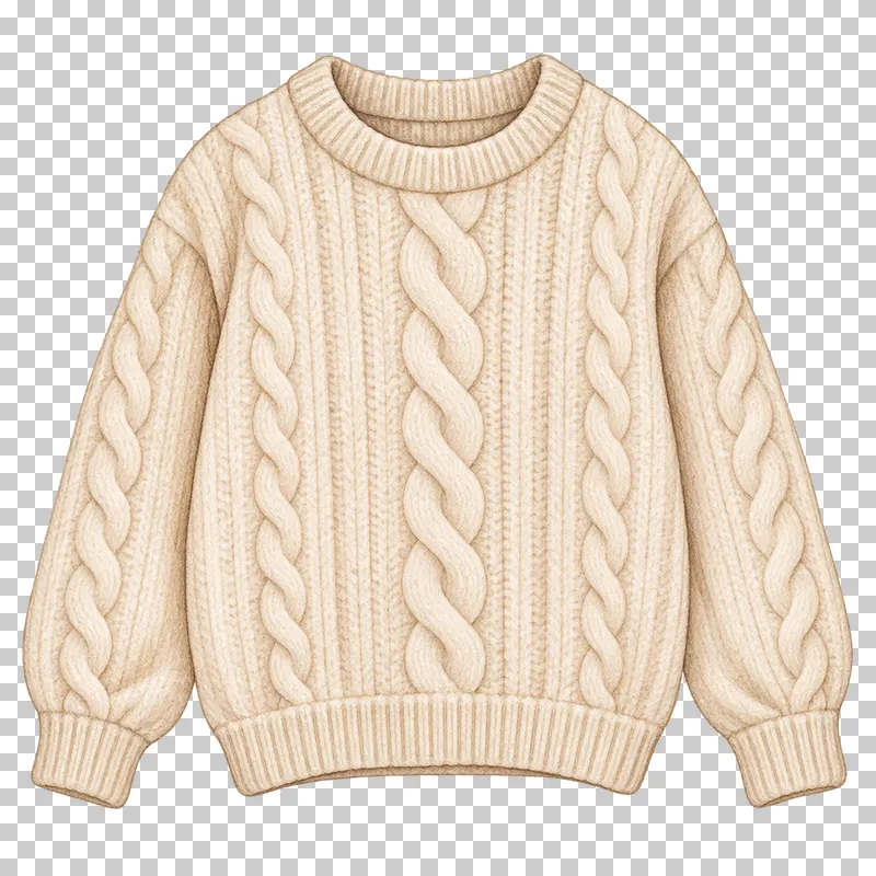 A cream cable-knit sweater with a round neckline, full sleeves and ribbed cuffs and hem.