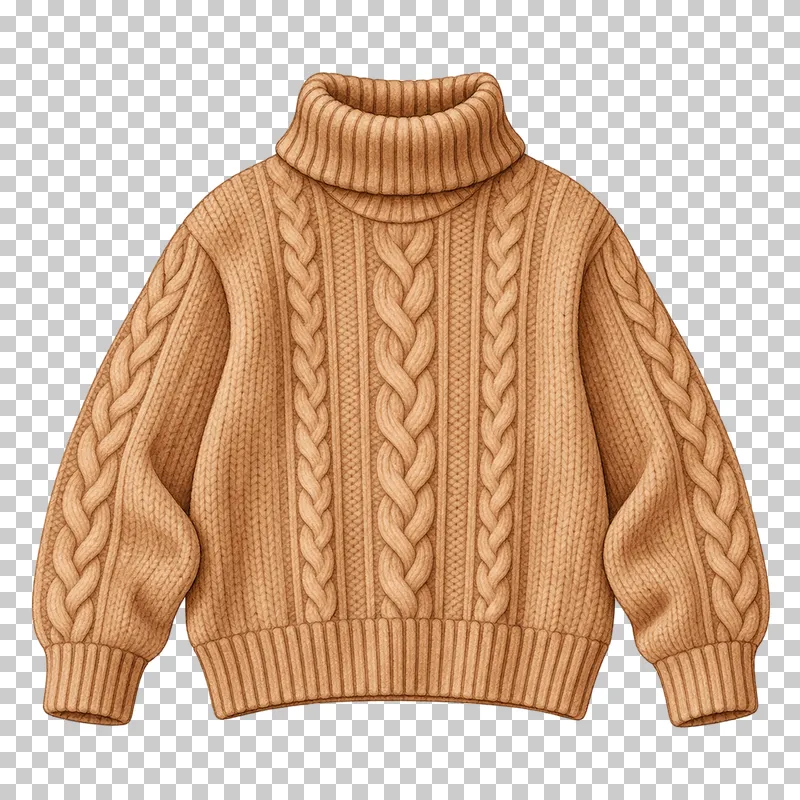 A caramel cable-knit turtleneck with a folded high collar and ribbed cuffs.