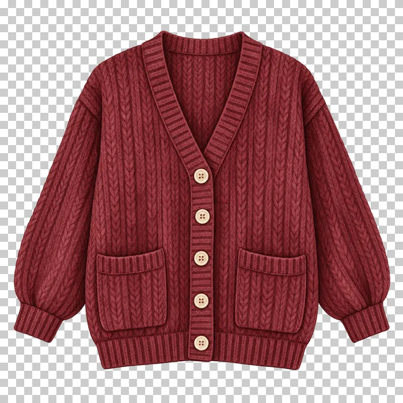 A burgundy cardigan with a V-neck, five cream buttons and two front patch pockets.