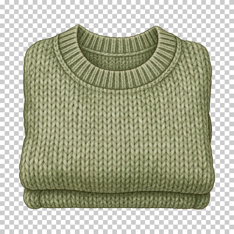 A folded sage sweater with a visible round neckline and rows of knitted stitches.