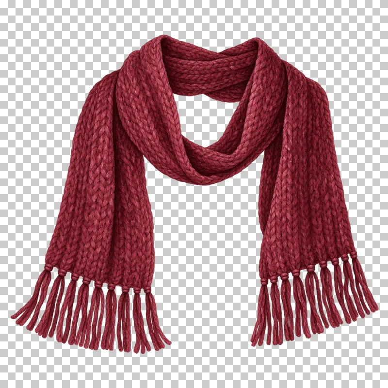 A burgundy knitted scarf looped loosely above two hanging ends with long fringes.