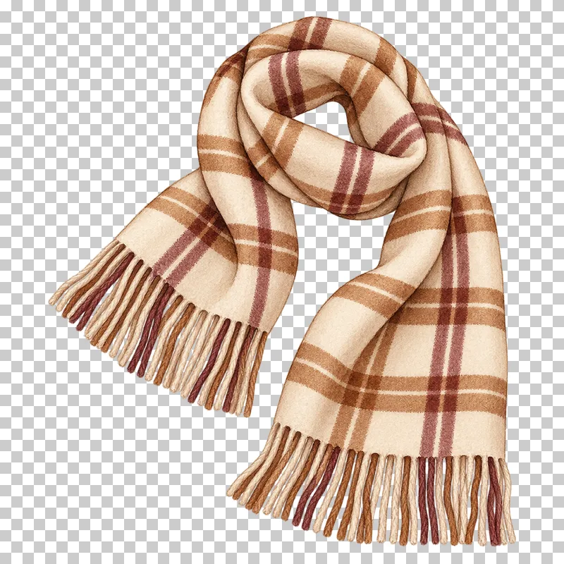 A cream scarf with caramel and burgundy plaid bands, loose folds and fringed ends.