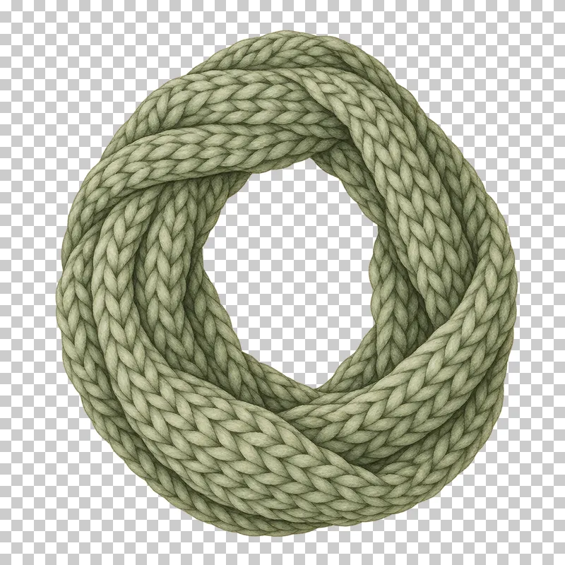 A sage infinity scarf with chunky knitted stitches arranged around an open oval center.