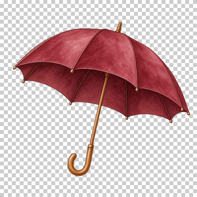 An open burgundy umbrella with visible ribs, rounded tips and a curved wooden handle.