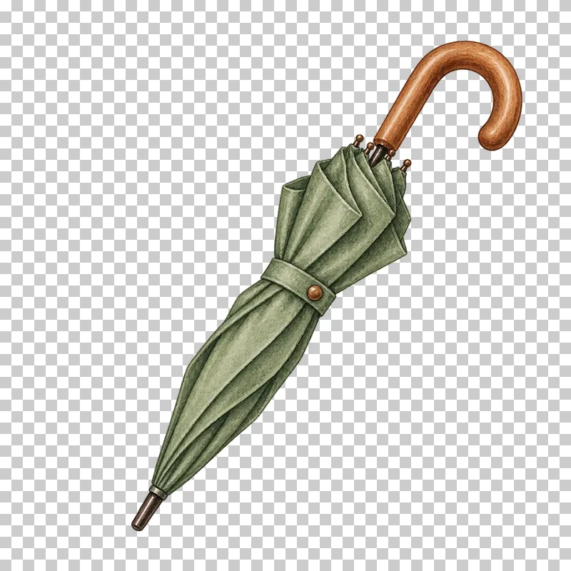 A closed sage umbrella secured by a narrow strap, with a wooden hook handle and dark tip.