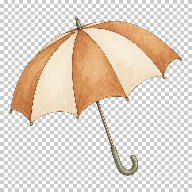 An open umbrella with alternating cream and caramel panels and a sage hook handle.