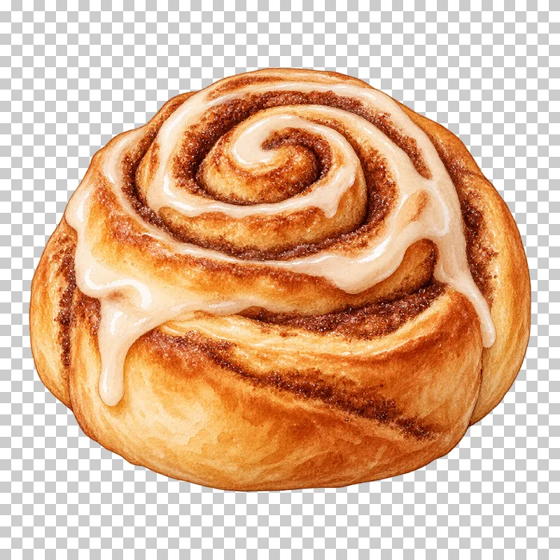 A golden cinnamon roll with a dark cinnamon spiral and cream icing over the baked dough.
