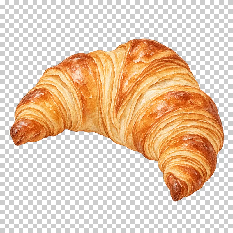 A curved butter croissant with golden flaky layers and two tapered ends.