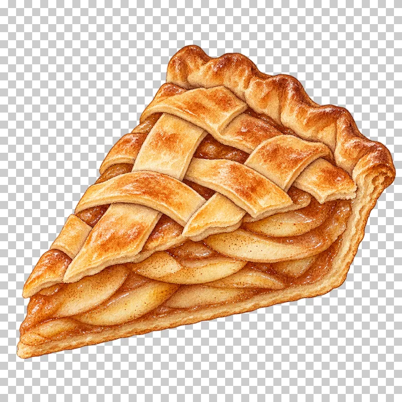 A triangular apple pie slice with layered apple filling, a lattice top and crimped rear crust.